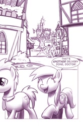 Size: 727x1100 | Tagged: safe, artist:moonlitbrush, character:derpy hooves, character:doctor whooves, character:time turner, species:pegasus, species:pony, comic:unintentionally spreading happiness, cute, cute face, female, mare, monochrome, ponyville, tenth doctor, twilight's castle