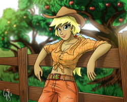 Size: 1280x1024 | Tagged: safe, artist:glancojusticar, character:applejack, belly button, female, fence, humanized, midriff, solo