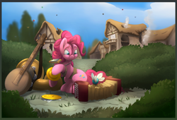 Size: 1588x1080 | Tagged: safe, artist:noben, character:pinkie pie, species:earth pony, species:pony, episode:swarm of the century, g4, my little pony: friendship is magic, accordion, banjo, cottage, cymbals, female, harmonica, mare, musical instrument, one man band, parasprite, ponyville, sousaphone, tambourine, tree, tuba