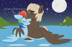 Size: 1400x927 | Tagged: safe, artist:dbkit, character:dumbbell, character:rainbow dash, ship:dumbdash, female, male, moon, night, shipping, snuggling, straight, swimming, water, wet