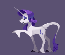 Size: 1059x897 | Tagged: safe, artist:enma-darei, character:rarity, species:classical unicorn, species:pony, species:unicorn, cloven hooves, eyes closed, eyeshadow, female, gray background, hoof fluff, leg fluff, leonine tail, makeup, mare, open mouth, raised hoof, simple background, smiling, solo, tail fluff, unshorn fetlocks
