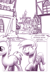 Size: 900x1362 | Tagged: safe, artist:moonlitbrush, character:derpy hooves, character:doctor whooves, character:time turner, species:pegasus, species:pony, comic:unintentionally spreading happiness, comic, cute, cute face, female, mare, monochrome, ponyville, spanish, tenth doctor, translation, translator:the-luna-fan, twilight's castle
