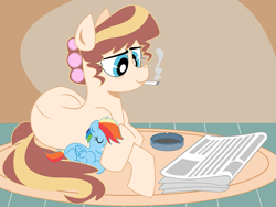 Size: 1111x837 | Tagged: safe, artist:dbkit, character:rainbow dash, oc, oc:air heart, ashtray, blank flank, cigarette, filly, filly rainbow dash, foal, lying down, mother, newspaper, prone, rug, second hand smoke, sleeping, smoking