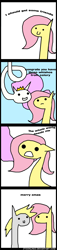 Size: 576x2536 | Tagged: safe, artist:zsparkonequus, character:derpy hooves, character:fluttershy, character:princess celestia, species:alicorn, species:pegasus, species:pony, 4koma, :d, are you frustrated?, c:, comic, d:, eye contact, female, long neck, looking at each other, mare, meme, nonsense, open mouth, princess celery, simple background, smiling, style emulation, text, wat, white background, wollap style