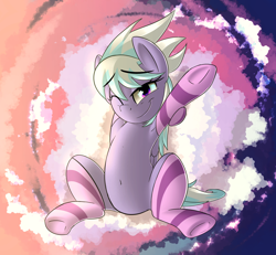 Size: 2100x1938 | Tagged: safe, artist:january3rd, character:cloudchaser, armpits, belly button, clothing, cutechaser, female, morning ponies, sitting, socks, solo, stretching, striped socks, underhoof, wink