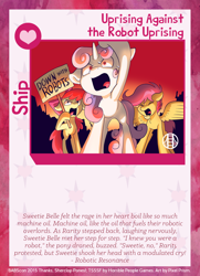 Size: 788x1088 | Tagged: safe, artist:pixel-prism, character:apple bloom, character:scootaloo, character:sweetie belle, species:earth pony, species:pegasus, species:pony, species:unicorn, sweetie bot, cutie mark crusaders, eyes closed, female, filly, floppy ears, foal, hooves, horn, open mouth, raribot, robot, robot pony, ship card, spread wings, text, trio, twilight sparkle's secret shipfic folder, wings