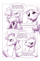 Size: 900x1362 | Tagged: safe, artist:moonlitbrush, character:derpy hooves, character:doctor whooves, character:time turner, species:pegasus, species:pony, comic:unintentionally spreading happiness, comic, cute, derpabetes, female, fourth wall, mare, monochrome, tenth doctor
