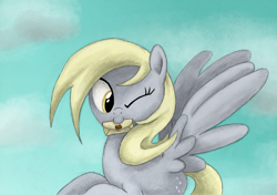Size: 3481x2457 | Tagged: safe, artist:hewison, character:derpy hooves, species:pegasus, species:pony, female, high res, letter, mare, solo, wink