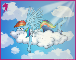 Size: 4768x3750 | Tagged: safe, artist:blackgryph0n, artist:greenlinzerd, character:rainbow dash, species:anthro, species:pegasus, species:pony, species:unguligrade anthro, absurd resolution, clothing, cloud, cloudy, dock, extra pony, female, fluffy, frown, midriff, morning ponies, morning wing, morning wood, prone, sleepy, solo, underhoof, wingboner