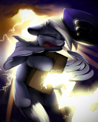 Size: 900x1125 | Tagged: safe, artist:moonlitbrush, character:derpy hooves, species:pegasus, species:pony, crying, female, lightning, mailmare, mare, package, pain, rain, solo, thunderbolt
