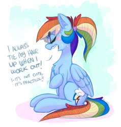 Size: 952x999 | Tagged: safe, artist:xieril, character:rainbow dash, species:pegasus, species:pony, abstract background, alternate hairstyle, beanbrows, blatant lies, blushing, chest fluff, cloud, cloudy, cute, dashabetes, embarrassed, eyes closed, female, fluffy, i'm not cute, mare, nervous, open mouth, ponytail, raised hoof, shivering, sitting, solo, sweat, tsunderainbow, tsundere, wavy mouth
