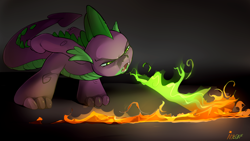 Size: 1920x1080 | Tagged: dead source, safe, artist:noben, character:spike, species:dragon, fire, green fire, male, open mouth, solo, wallpaper