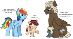 Size: 1485x807 | Tagged: safe, artist:dbkit, character:dumbbell, character:rainbow dash, oc, oc:cherry bomber, oc:hightide, parent:dumbbell, parent:rainbow dash, parents:dumbdash, ship:dumbdash, female, male, nervous, offspring, shipping, simple background, story included, straight, transparent background