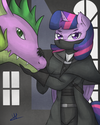 Size: 1024x1280 | Tagged: safe, artist:wolfy-pony, character:spike, character:twilight sparkle, character:twilight sparkle (alicorn), species:alicorn, species:anthro, bloodborne