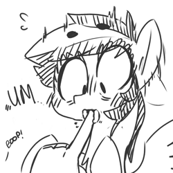 Size: 600x600 | Tagged: safe, artist:xieril, character:rainbow dash, beanbrows, blushing, boop, couch, hand, monochrome, rolled tongue, tongue out