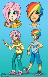 Size: 1280x2048 | Tagged: safe, artist:glancojusticar, character:fluttershy, character:rainbow dash, species:human, clothing, duo, female, gradient background, humanized, shoes, skinny, sneakers, sweater, sweatershy
