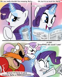 Size: 1024x1280 | Tagged: safe, artist:glancojusticar, character:rarity, character:sweetie belle, species:pony, species:unicorn, episode:ponyville confidential, g4, my little pony: friendship is magic, adventures of sonic the hedgehog, bleh, caught, comic, crossover, dialogue, doctor eggman, female, filly, glare, gritted teeth, mare, newspaper, pingas, promotion, scene interpretation, scene parody, sonic the hedgehog (series), wide eyes