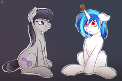 Size: 1800x1200 | Tagged: safe, artist:capseys, character:dj pon-3, character:octavia melody, character:vinyl scratch, species:earth pony, species:pony, species:unicorn, backwards cutie mark, bandaid, colored pupils, cork, critical hug failure, female, floppy ears, gradient background, horn guard, implied horn impalement, injured, mare, messy mane, open mouth, protection, red eyes, sitting, unicorn problems, wrong eye color