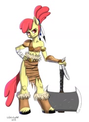 Size: 1230x1692 | Tagged: safe, artist:siberwar, character:apple bloom, species:anthro, species:unguligrade anthro, axe, barbarian, female, pose, solo
