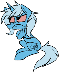 Size: 500x609 | Tagged: safe, artist:ghost, character:trixie, species:pony, species:unicorn, ask-stoned-trixie, bloodshot eyes, female, frown, grumpy, simple background, solo, stoned trixie, stoner, unamused, white background