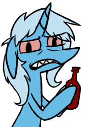 Size: 368x521 | Tagged: safe, artist:ghost, character:trixie, species:pony, species:unicorn, ask-stoned-trixie, bloodshot eyes, bottle, female, hot sauce, sharp teeth, simple background, solo, stoned trixie, stoner, tabasco, teeth, white background