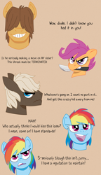 Size: 1290x2239 | Tagged: safe, artist:dbkit, character:dumbbell, character:hoops, character:rainbow dash, character:scootaloo, species:pegasus, species:pony, ship:dumbdash, angry, ask, blushing, female, implied shipping, knife, male, murderloo, shipping, straight, tsunderainbow, tsundere, tumblr