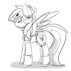 Size: 1200x1200 | Tagged: safe, artist:xieril, character:rainbow dash, android, beanbrows, doll, eyes closed, female, grayscale, gynoid, joint, monochrome, robot, screw, solo, toy