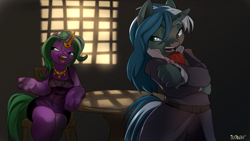 Size: 1920x1080 | Tagged: safe, artist:noben, oc, oc only, oc:byzantium guidance, oc:skyfall, species:anthro, species:pony, species:unicorn, anthro oc, belt, clothing, conversation, cravat, crossed arms, dress, female, glare, horn jewelry, jewelry, legs, necklace, open mouth, shadow, sitting, smiling, suit, table