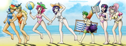 Size: 1600x580 | Tagged: safe, artist:glancojusticar, character:applejack, character:fluttershy, character:gummy, character:pinkie pie, character:rainbow dash, character:rarity, character:spike, character:twilight sparkle, species:human, armpits, barefoot, beach, beach ball, belly button, bikini, blue swimsuit, clothing, cutie mark clothes, feet, female, frilled swimsuit, human spike, humanized, male, mane seven, mane six, navel cutout, one-piece swimsuit, orange swimsuit, pink swimsuit, pretzel bikini, purple swimsuit, snorkel, string bikini, swim trunks, swimsuit, water, white swimsuit, yellow swimsuit