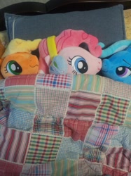 Size: 637x850 | Tagged: safe, artist:onlyfactory, character:applejack, character:pinkie pie, character:trixie, species:pony, species:unicorn, blanket, bootleg, cute, female, irl, mare, photo, plushie