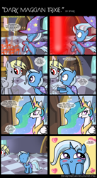 Size: 2860x5222 | Tagged: safe, artist:zsparkonequus, character:derpy hooves, character:princess celestia, character:trixie, species:alicorn, species:pony, species:unicorn, absurd resolution, almost dashface, blushing, comic, cute, dark magic, demon, dialogue, diatrixes, female, filly, mare