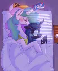 Size: 1280x1554 | Tagged: dead source, safe, artist:xieril, character:princess celestia, character:queen chrysalis, species:alicorn, species:pony, ship:chryslestia, baseball cap, bed, blushing, brolestia, clothing, cuddling, dork, dorkalis, drunk, drunklestia, eyes closed, female, four loko, hat, lesbian, mare, mewball, nerd, ruined for marriage, scrunchy face, shipping, sleeping, snuggling, spooning, tsundere