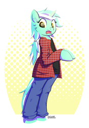 Size: 980x1400 | Tagged: safe, artist:cheshiresdesires, character:lyra heartstrings, species:pony, species:unicorn, abstract background, bipedal, clothing, ear fluff, female, heart eyes, jeans, open mouth, pants, plaid, ponytail, semi-anthro, shirt, solo, t-shirt, wingding eyes