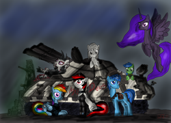 Size: 2500x1800 | Tagged: safe, artist:setharu, character:rainbow dash, oc, oc:blackjack, oc:boo, oc:deus, oc:lacunae, oc:morning glory (project horizons), oc:p-21, oc:rampage, species:alicorn, species:earth pony, species:pegasus, species:pony, species:unicorn, fallout equestria, fallout equestria: project horizons, artificial alicorn, augmented, biohacking, clothing, cowboy hat, cutie mark, cyber legs, cyborg, fallout, fanfic, fanfic art, female, flying, group, hat, hooves, horn, male, mare, ministry mares, open mouth, prone, purple alicorn (fo:e), spread wings, stallion, tank (vehicle), wings