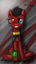 Size: 720x1280 | Tagged: safe, artist:setharu, artist:thestive19, oc, oc only, oc:red eye, species:earth pony, species:pony, fallout equestria, abstract background, collaboration, cyborg, fallout, fanfic, fanfic art, grin, hooves, looking at you, male, pipbuck, sheepish grin, sitting, smiling, solo, stallion