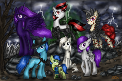 Size: 1873x1250 | Tagged: safe, artist:setharu, oc, oc only, oc:blackjack, oc:boo, oc:lacunae, oc:morning glory (project horizons), oc:p-21, oc:rampage, oc:scotch tape, species:alicorn, species:earth pony, species:pegasus, species:pony, species:unicorn, fallout equestria, fallout equestria: project horizons, alicorn oc, artificial alicorn, barbed wire, clothing, cloud, cloudy, cowboy hat, cutie mark, dashite, dead tree, fallout, fanfic, fanfic art, female, hat, hooves, horn, level 2 (project horizons), lightning, male, mare, pipbuck, purple alicorn (fo:e), rock, sitting, spread wings, stallion, standing, tree, vault suit, wings