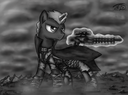 Size: 1730x1297 | Tagged: safe, artist:setharu, oc, oc only, oc:set, species:pony, species:unicorn, fallout equestria, angry, black and white, clothing, cloud, dust, fallout, fanfic, gauss rifle, glowing horn, grayscale, gun, magic, male, signature, solo, stallion, standing, telekinesis, weapon