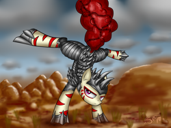 Size: 5120x3840 | Tagged: safe, artist:setharu, oc, oc only, oc:rampage, fallout equestria, fallout equestria: project horizons, barbed wire, fallout, female, flexible, solo