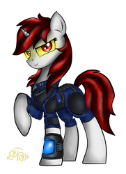 Size: 2263x3128 | Tagged: safe, artist:setharu, oc, oc only, oc:blackjack, species:pony, species:unicorn, fallout equestria, fallout equestria: project horizons, clothing, fallout, fanfic, fanfic art, female, hooves, horn, mare, pipbuck, security armor, solo, vault security armor, vault suit