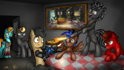 Size: 2000x1125 | Tagged: safe, artist:koshakevich, artist:setharu, artist:thestive19, oc, oc only, oc:judge, oc:set, oc:tinker trivia, species:earth pony, species:pony, species:unicorn, fallout equestria, birthday cake, cake, candle, fallout, flamethrower, food, group, happy birthday, heterochromia, indoors, male, open mouth, signature, sitting, smiling, stallion, standing, table, weapon
