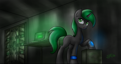 Size: 3000x1586 | Tagged: safe, artist:setharu, oc, oc only, oc:soft spring, species:pony, species:unicorn, fallout equestria, computer, fallout, fanfic, female, looking up, mare, open mouth, signature, solo