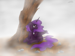 Size: 4245x3183 | Tagged: safe, artist:setharu, oc, oc only, oc:lacunae, species:alicorn, species:pony, fallout equestria, fallout equestria: project horizons, artificial alicorn, fallout, female, floppy ears, fog, frown, hooves, horn, looking back, lying down, mare, plot, prone, purple alicorn (fo:e), rock, solo, tree, underhoof, wings