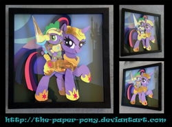 Size: 1600x1186 | Tagged: safe, artist:the-paper-pony, character:spike, character:twilight sparkle, character:twilight sparkle (unicorn), species:dragon, species:pony, species:unicorn, armor, commission, craft, dragons riding ponies, duo, female, helmet, irl, lance, male, mare, photo, ponytail, riding, shadowbox, spear, weapon