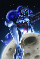 Size: 1000x1500 | Tagged: safe, artist:d-lowell, character:nightmare moon, character:princess luna, species:anthro, species:unguligrade anthro, abs, armor, breasts, busty nightmare moon, female, giantess, looking at you, macro, moon, solo, stupid sexy nightmare moon, tangible heavenly object, unconvincing armor