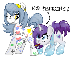 Size: 4267x3200 | Tagged: safe, artist:partylikeanartist, oc, oc only, oc:indigo wire, oc:open canvas, species:pony, species:unicorn, competition, contest, couple, double, gradient legs, headband, mascot, paint, paint on fur, paintbrush, piercing, simple background, tattoo, transparent background