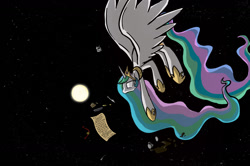 Size: 1400x931 | Tagged: safe, artist:dracojayproduct, character:princess celestia, coffee, moon, portal (valve), space, space core
