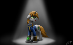 Size: 1920x1200 | Tagged: safe, artist:setharu, oc, oc only, oc:littlepip, species:pony, species:unicorn, fallout equestria, clothing, cutie mark, dark, fanfic, fanfic art, female, floppy ears, hooves, horn, mare, open mouth, pipbuck, signature, solo, spotlight, standing, teeth, vault suit