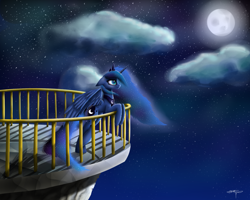 Size: 2500x2000 | Tagged: safe, artist:setharu, character:princess luna, species:alicorn, species:pony, balcony, cloud, eye reflection, female, jewelry, looking up, mare, missing accessory, moon, night, reflection, regalia, signature, sky, solo, standing, stars