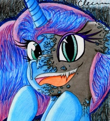 Size: 1263x1398 | Tagged: safe, artist:the1king, character:nightmare moon, character:princess luna, species:alicorn, species:pony, episode:do princesses dream of magic sheep?, corrupted, cracks, crying, duality, fangs, female, frown, hoof over mouth, mare, open mouth, sharp teeth, slit eyes, smiling, solo, teeth, traditional art, transformation