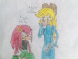 Size: 1024x768 | Tagged: safe, artist:brandonale, character:applejack, character:sonic the hedgehog, my little pony:equestria girls, appleknux, clothing, cosplay, costume, crossover, knuckles the echidna, little mac (punch out), metroid, punch out, sega, sonic the hedgehog (series), traditional art, zero suit